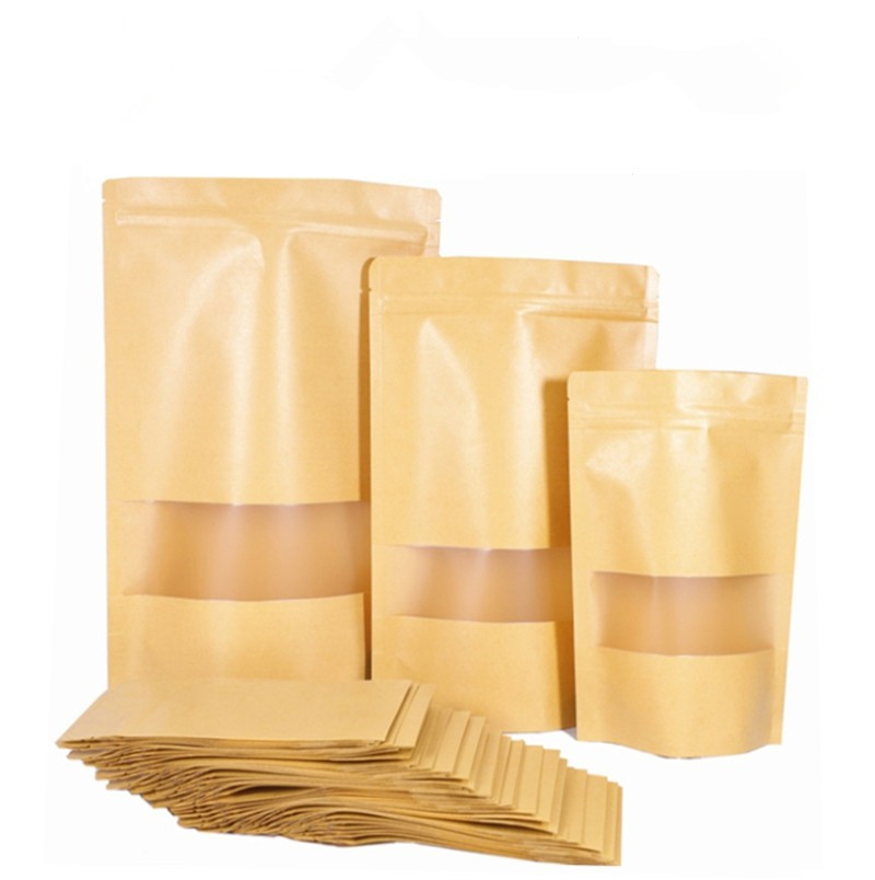 Stock Different Size Window White and Brown Kraft Custom Printed Small Ziplock Paper Pouch Bags For Food