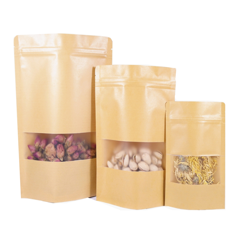 Stock Different Size Window White and Brown Kraft Custom Printed Small Ziplock Paper Pouch Bags For Food