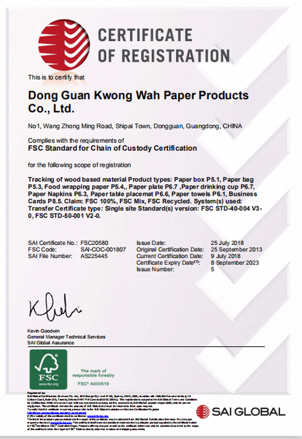 Certifications - Guangdong Kwong Wah Paper Products Co,.Ltd